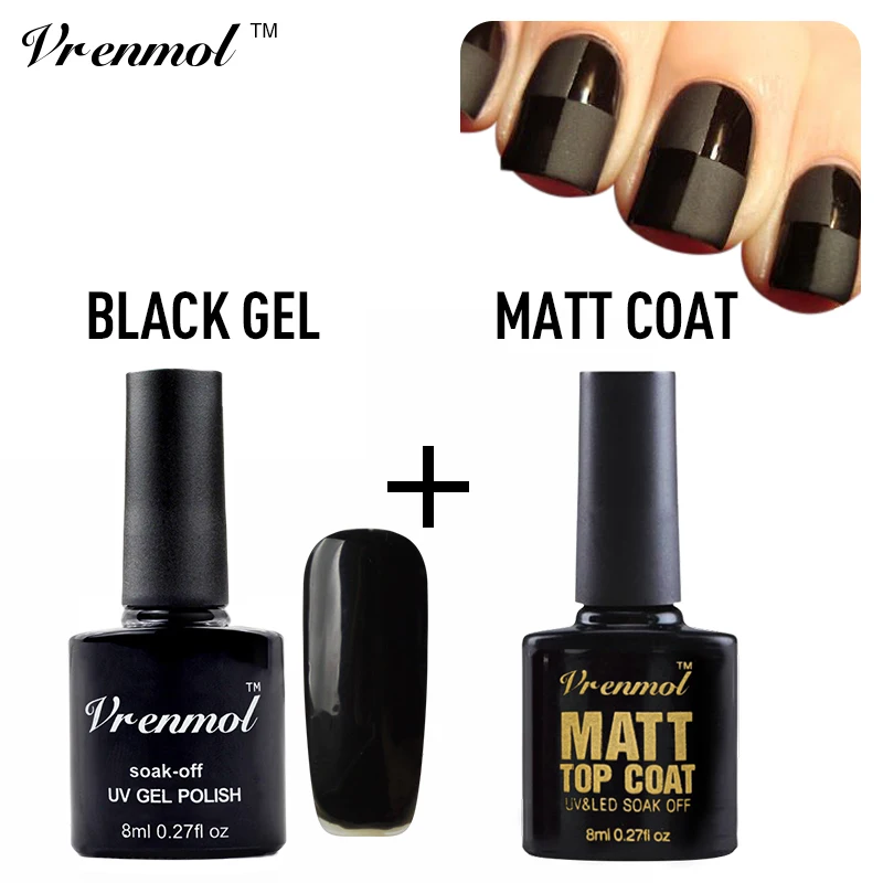 

Vrenmol 2pcs Clear Matt Matte Top Coat+Black Color Gel Polish UV Gel Nail Non Clean Long Lasting Soak Off Gel Varnishes
