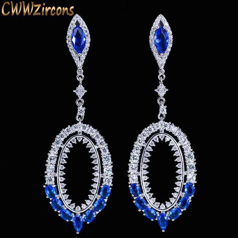 

CWWZircons Newest Long Big Drop Royal Blue Dangling Earrings For Women High Quality Cubic Zirconia Bridal Wedding Jewelry CZ050