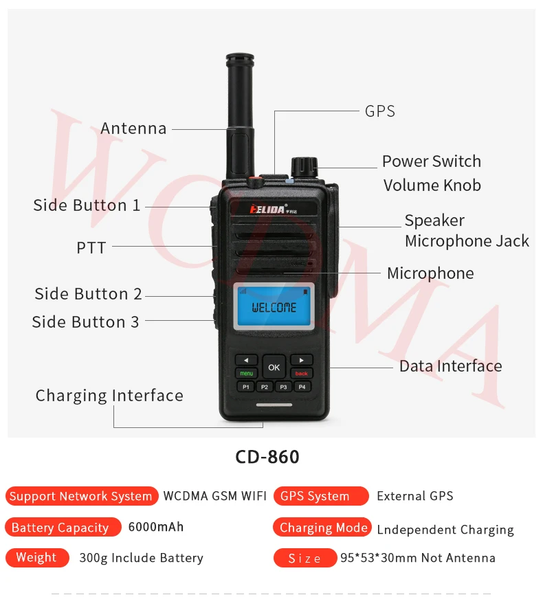 U-TALKIE Wi-Fi Портативная рация 2 г/3g с sim-карты WCDMA/сети GSM удобный android CD860 радио 100 mile портативная рация