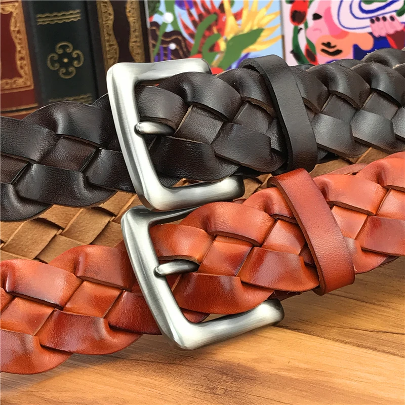 Mens Braided Leather Belt Top Quality Hand Made Luxury Wide
