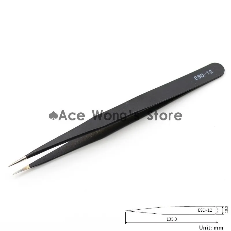 1pcs Precision ESD-12 Tweezers stainless steel anti-static tweezers Repair Tool Soldering Station Welding Assist precision tweezers tweezer tool esd anti static tweezers soldering tweezers