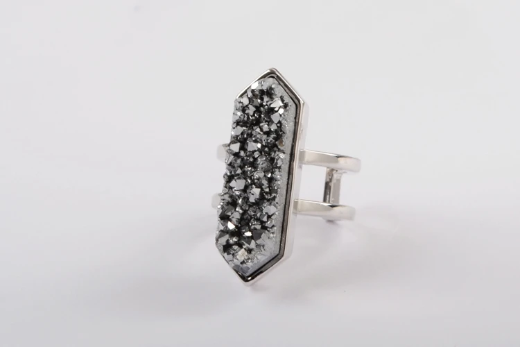 BOROSA 5 шт. шестигранный серебряный ободок натуральный кулон agates Druzy Кольца Титан Радужное покрытие Drusy Размер 6 Нерегулируемое Открытое кольцо ZS0425