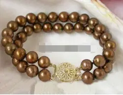 Huij 001448 2 Ряда Настоящее 8 мм Chocolate Brown Pearl 18KGP Цветок Застежка Браслета