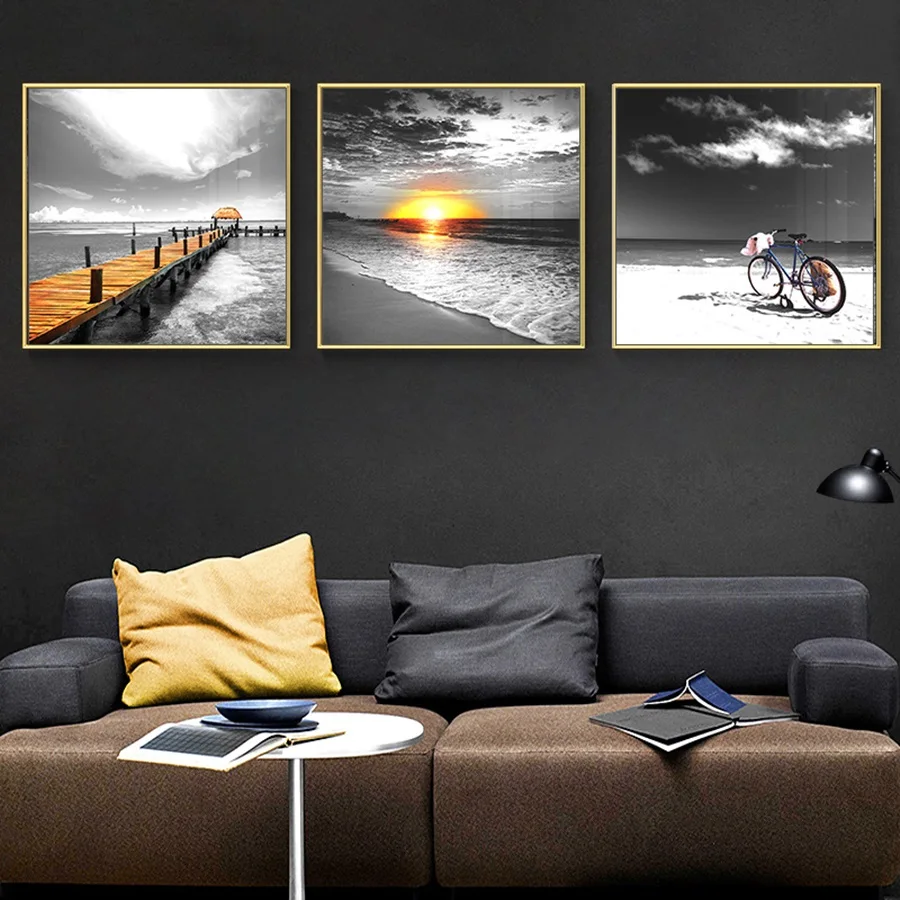 

Nordic Posters and Prints Seascape Ocean Bridge Sunrise Bicycle Black and White Canvas Painting Modern Bedroom Home Decoration