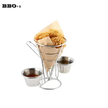 

1pcs Fried Food Basket Holder Chip Rack Food Cone Holder with 2 Stainless Steel Sauce Cups holder Great Kitchen Restaurant