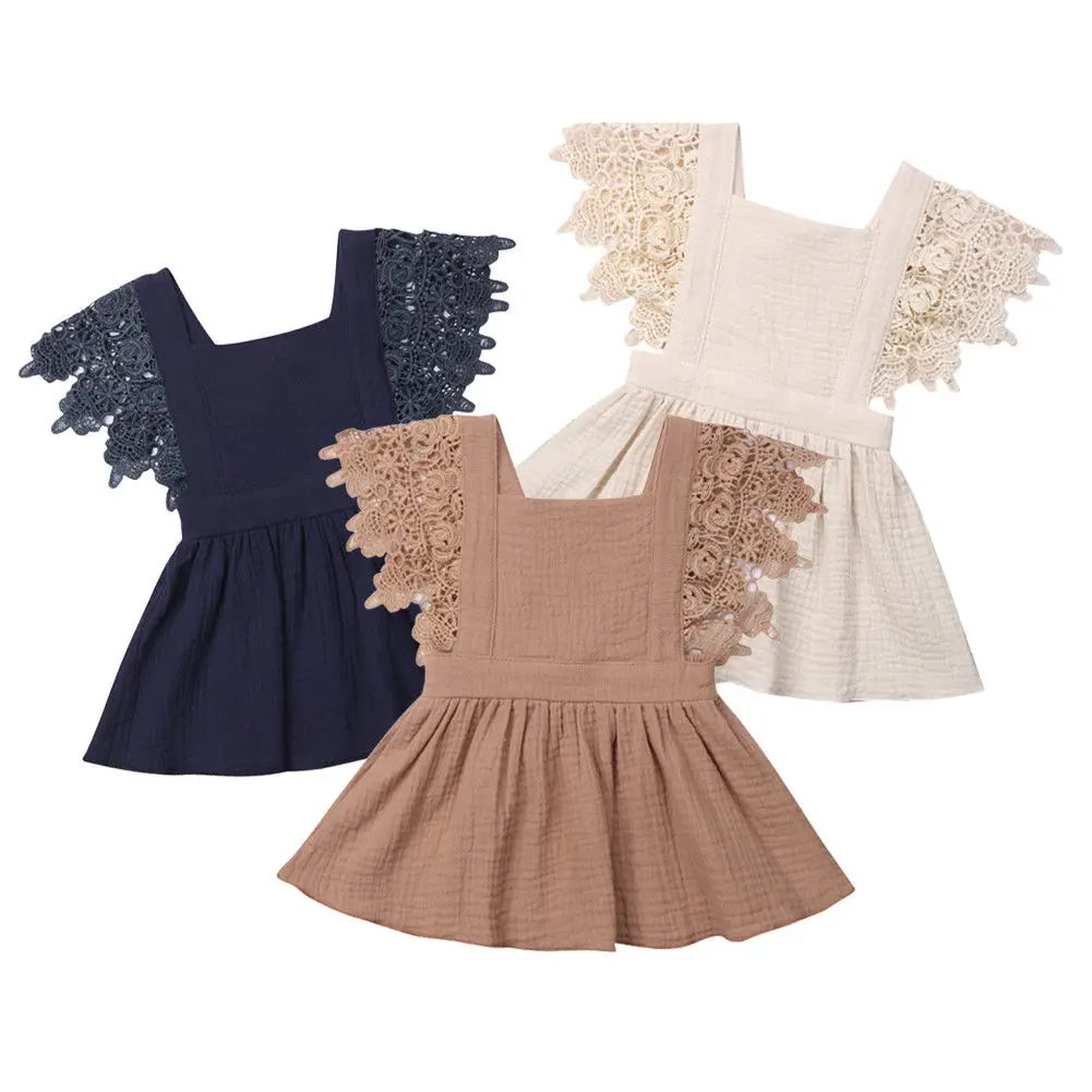 

Toddler Baby Girl Cotton Linen Lace Splice Sleeve Backless Ruffle Princess Dress