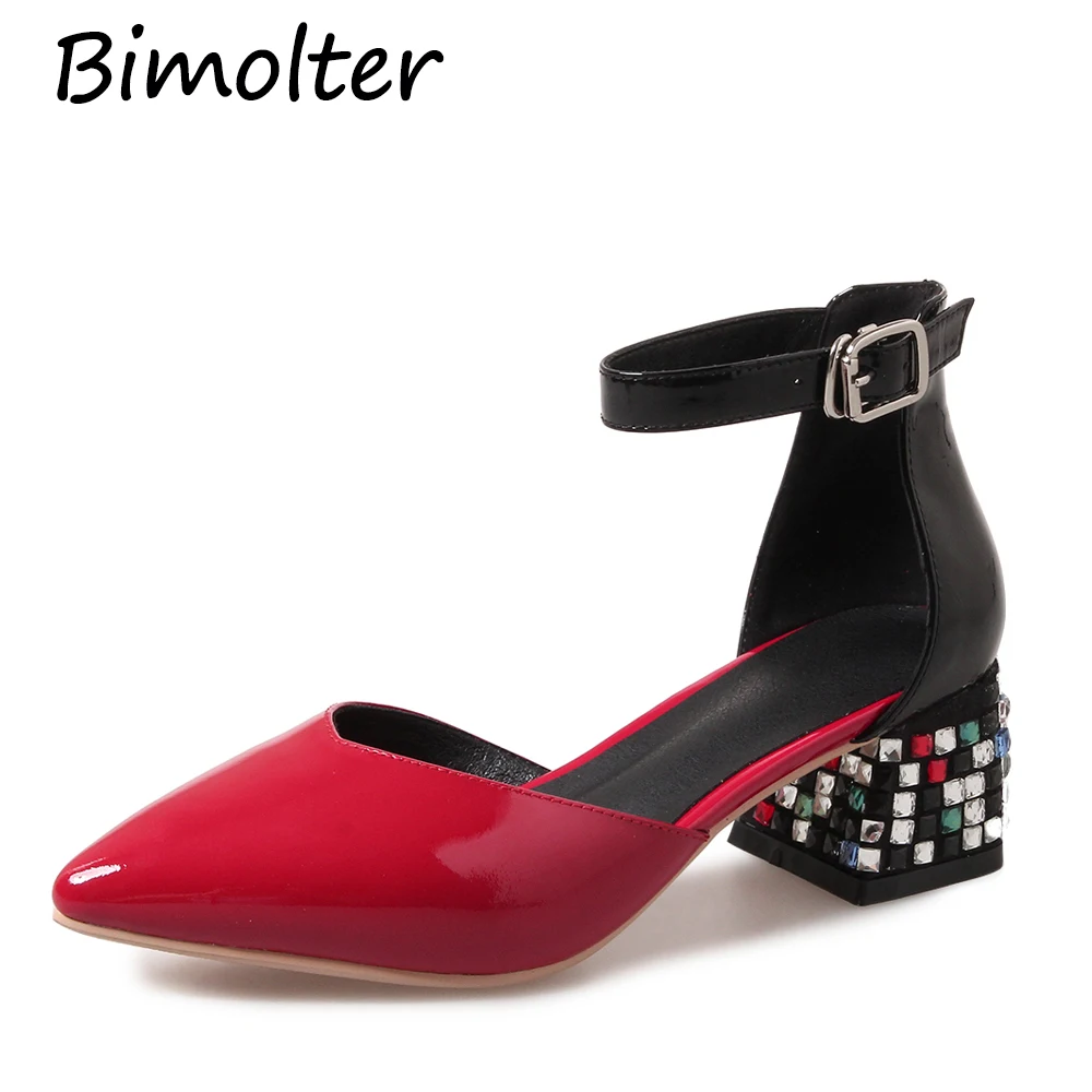 

Bimolter Cow Leather New Ankle Strap Shoes comfortable women's sandals fashion Casual Dress shoes Pointed Toe Thick Heels NB059