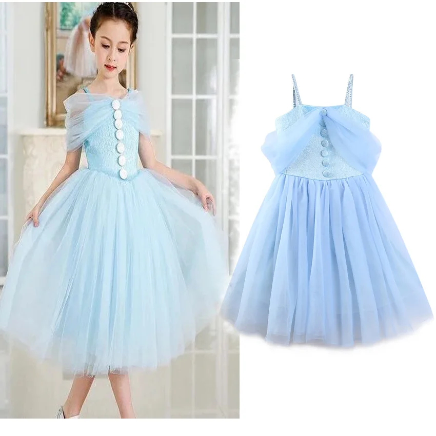 Платье Эльзы Обувь для девочек костюм ремешками платье Золушки для девочки Тюль Платья для девочек на свадьбу синие детские Платья для