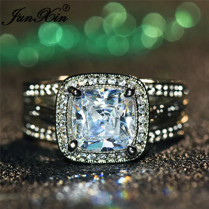JUNXIN Charm Wedding Big Rings For Women 925 Sterling Silver Filled Princess Square Stone White Zircon Crystal Ring Female Gifts