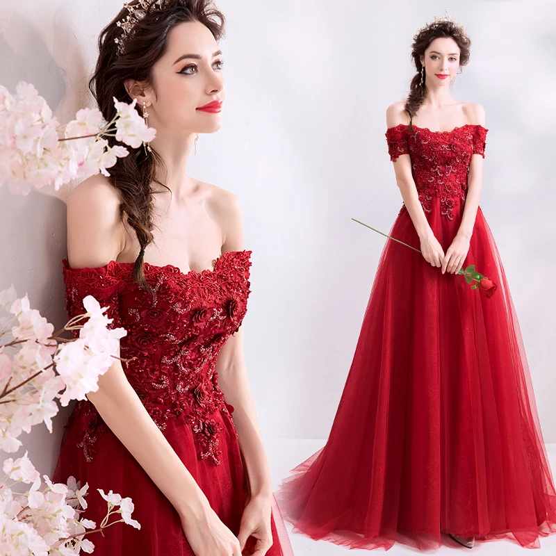 

New red long off shoulder lady girl women princess bridesmaid banquet party dress performance gown free shipping