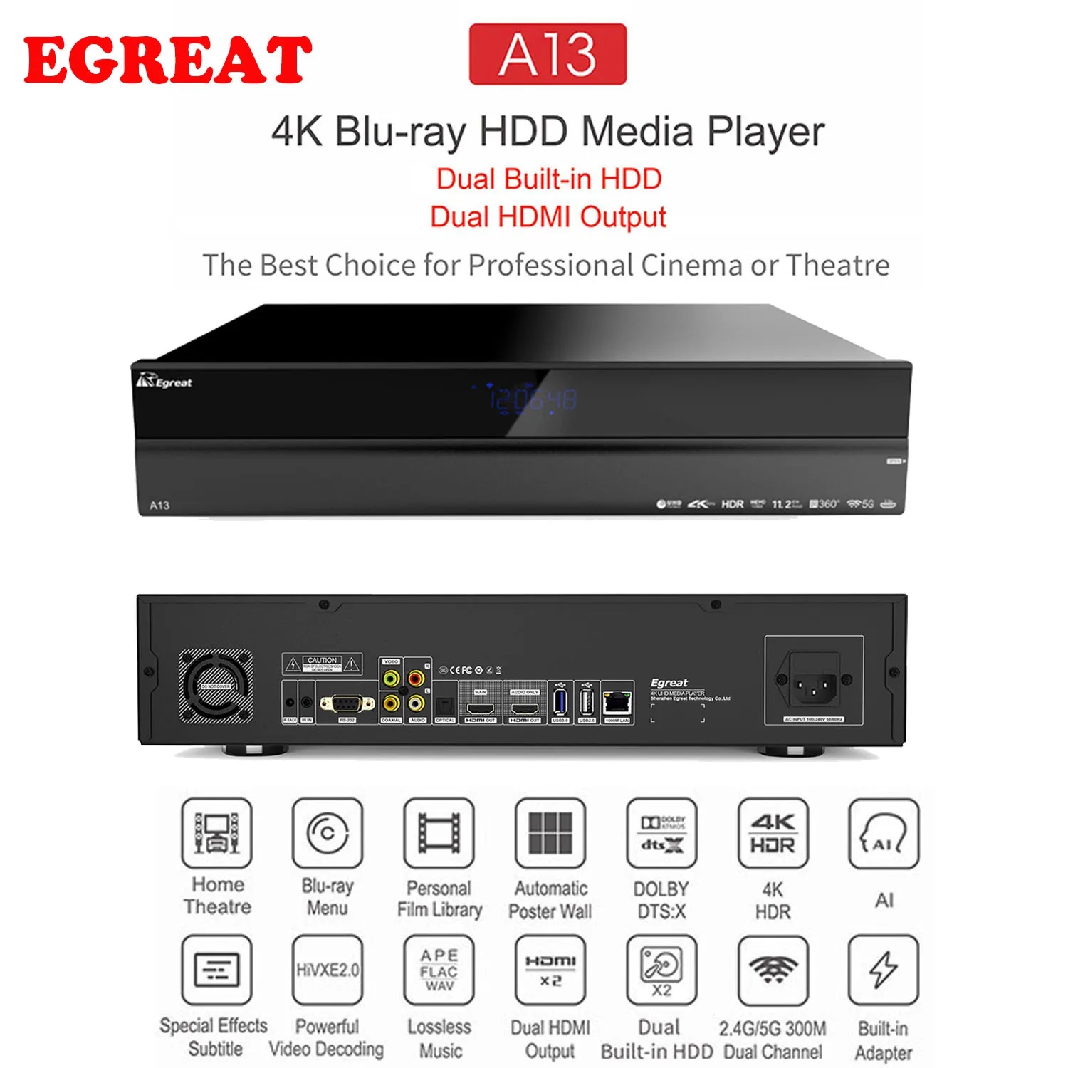 Egreat A13 4K UHD Blu-Ray HDD медиаплеер, двойной Встроенный HDD двойной HDMI выход Android tv Box, лучший выбор для кино и театра - Цвет: Egreat A13 only