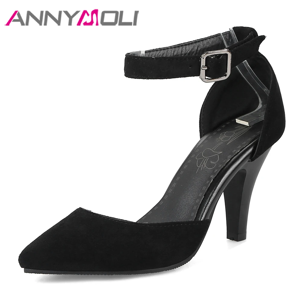 

ANNYMOLI High Heels Women Pumps Spring Buckle Spike High Heels Party Shoes Pointed Toe Ankle Strap Shoes Ladies Large Size 3-12