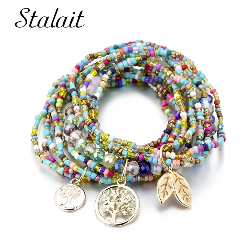 Bohemian Style Life of Tree Leave Charm Beads Bracelets For Women Boho Multilayer Crystal Seed