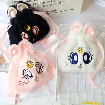 

Japan Cartoon Cute Sailor Moon Cosmetic Bag Plush Drawstring Pocket Faux rabbitfur Pouch Sailor Moon Lovely Luna Cat Storage bag
