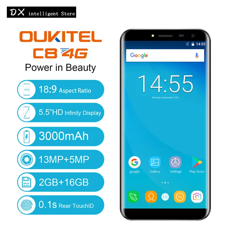 OUKITEL C8 4G MTK6737 Quad Core Color Cover Mobile Cell Phone 5.5" HD+ 2GB RAM 16GB ROM 13MP Android 7.0 OTA Touch ID SmartPhone