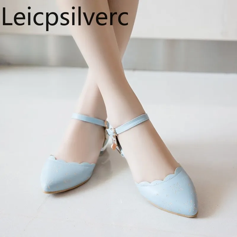 

Pumps Spring and autumn new Pointed Color matching pearl Shallow mouth Buckle Thick heel Bottom Women's shoes plus size 31-46