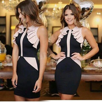 

New Fashion Patchwork Sleeveless Ruffles Celebrity 2018 Elegant Balck Summer Sexy Baodycon Bandage Dress Vestidos