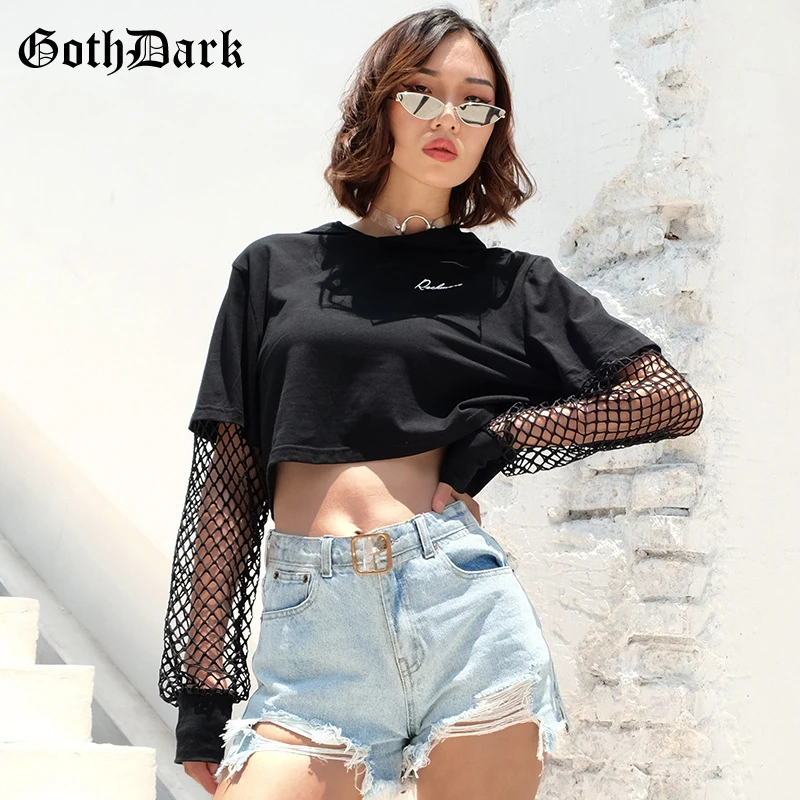 

Goth Dark Black Punk Gothic Sweatshirt Women Patchwork Mesh Loose Cropped Hoodies Sexy Autumn 2019 Sweatshirts Hollow Out Print