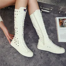 Mode 2017 Neue Sommer Frauen Schuhe Beiläufiger Breathable Segeltuchschuhe Hohe Schuhe Reißverschluss Runde Kappe Stiefel Flache Bequeme