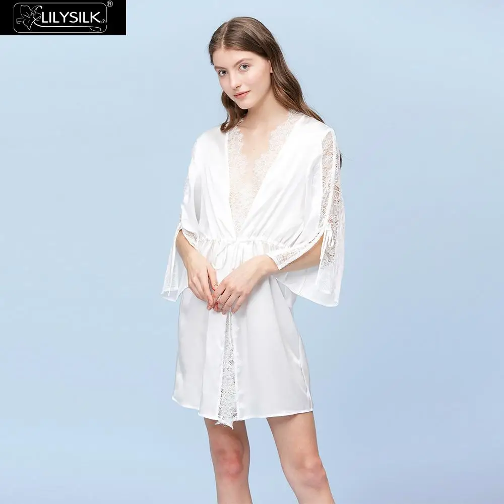 White LilySilk шелковый халат 22 мм кружевное кимоно сексуальная Роскошная Новая женская одежда - Цвет: White