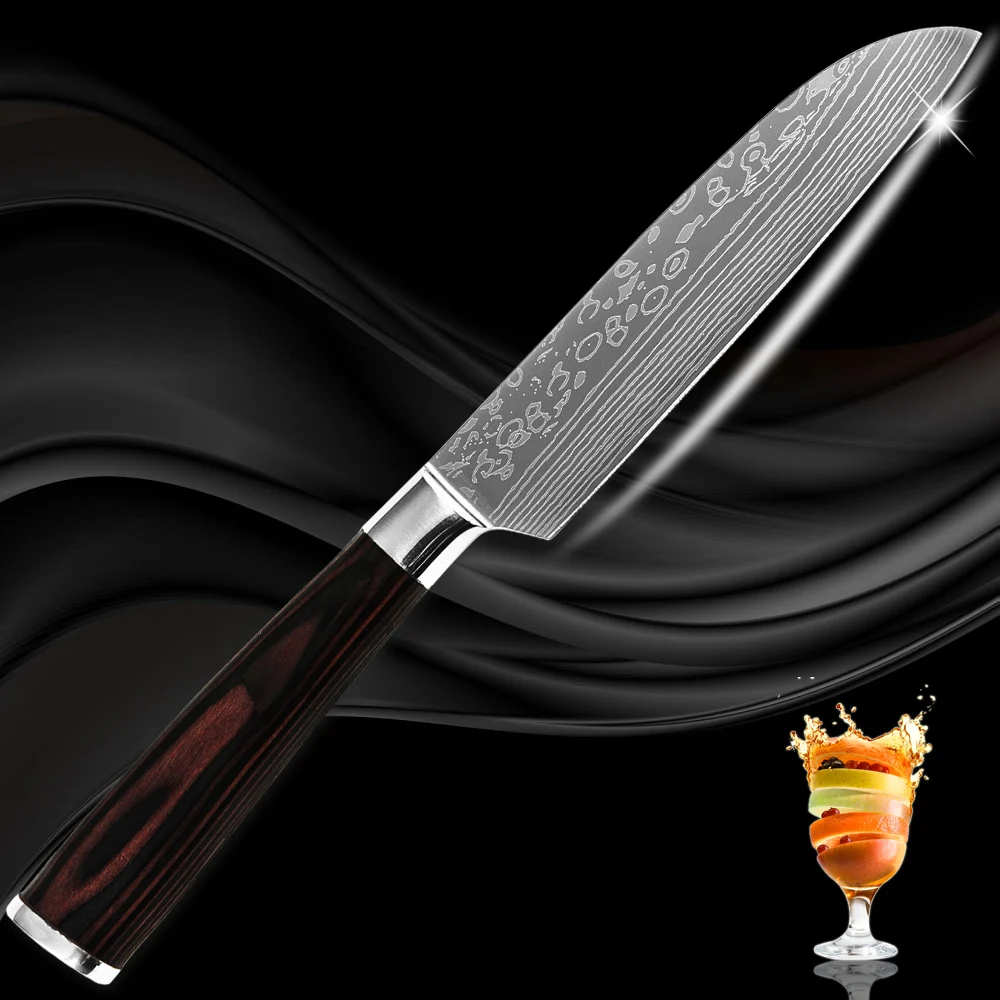 XYj Brand stainless steel knife 5 inch santoku kitchen knife laser damascus flowing sand pattern superb