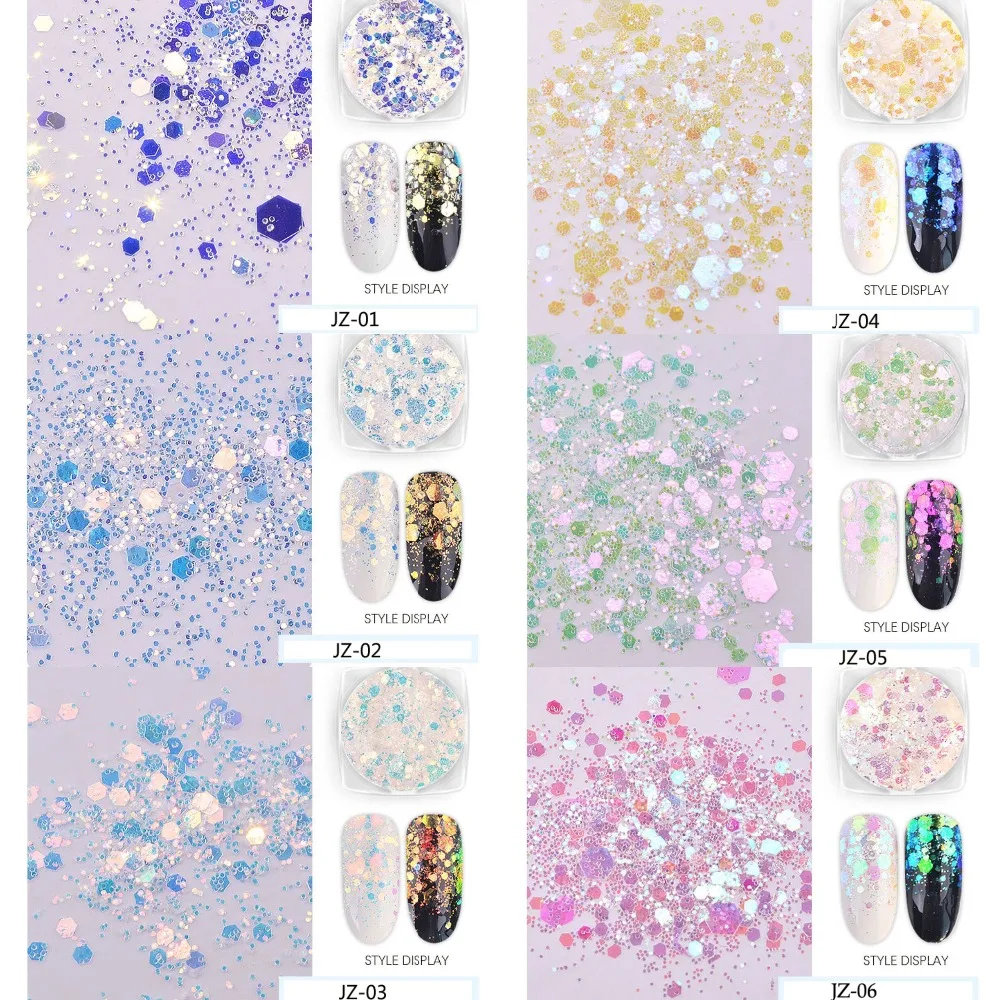 1 коробка Аврора рассвет ногтей блестки ультра-тонкий русалка шестиугольник хлопья ломтик смешанные блестки порошки 3D сверкающие украшения ногтей