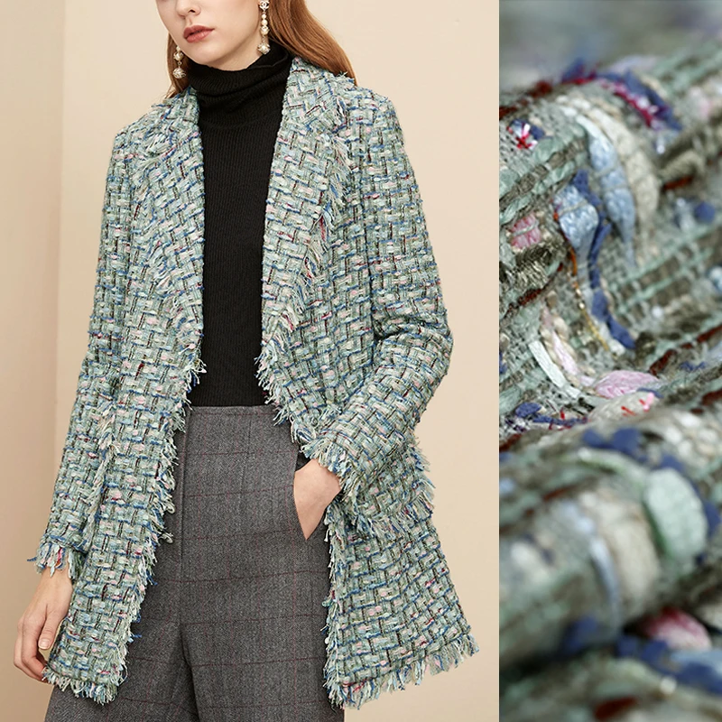 

150CM Wide 420G/M Weight Green Check Soft Knitted Tweed Acrylic Polyester Fabric for Autumn Spring Dress Jacket Coat DE923