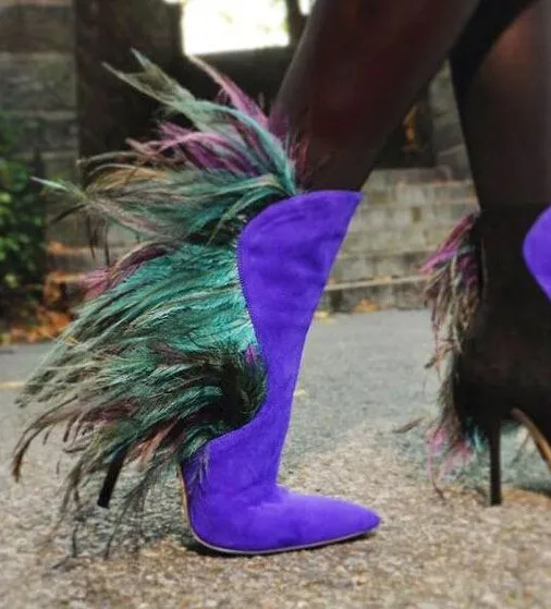Abesire/Новинка года; женские пикантные туфли с перьями, украшенные высокие каблуки; модельная обувь для подиума для женщин; Разноцветные ботильоны с острым носком