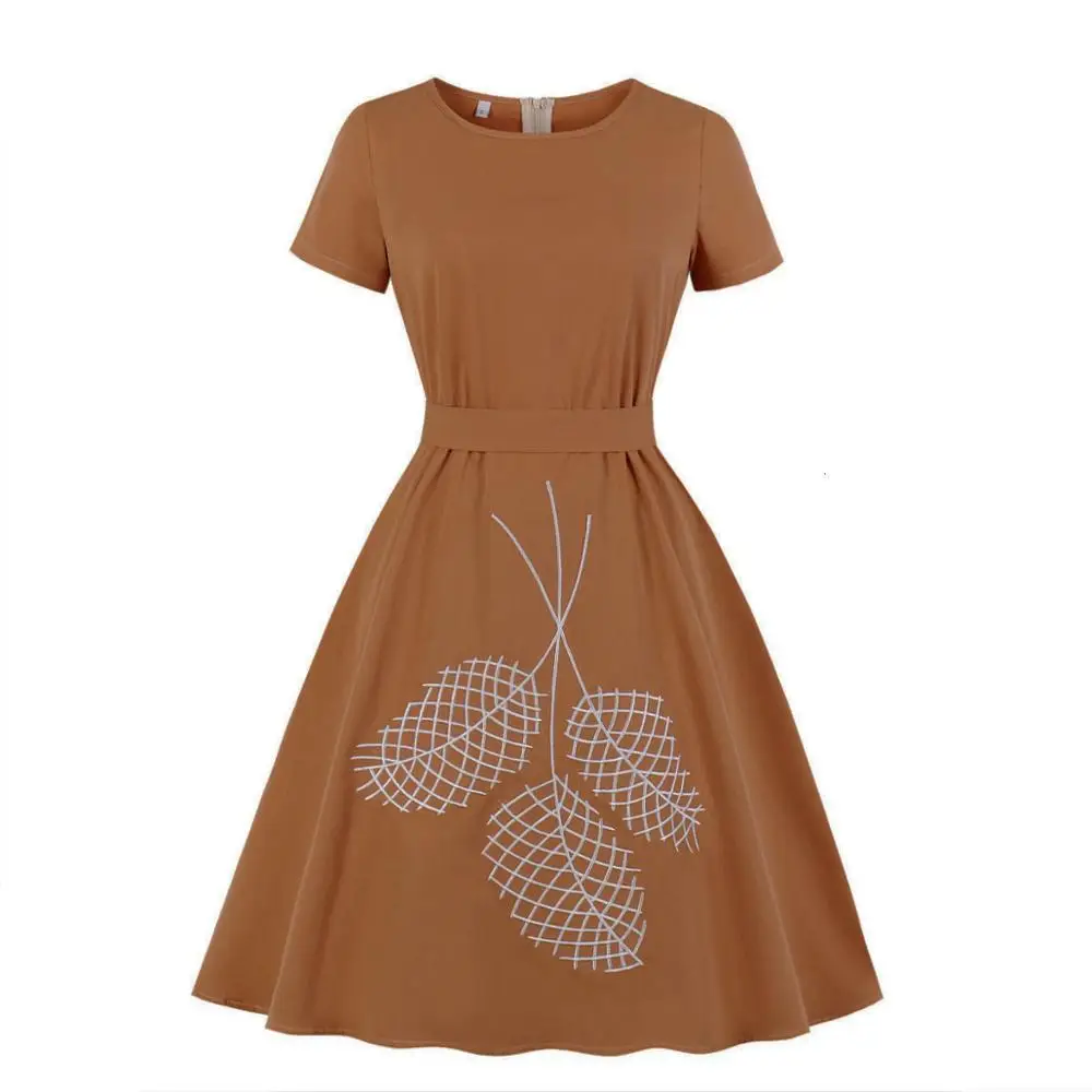 

Women Vintage Cotton Dress White Leaf Embroidery Short Sleeves Tie Waist Retro Vintage Dress 40s 50s 60s Vestido Robe For Woman