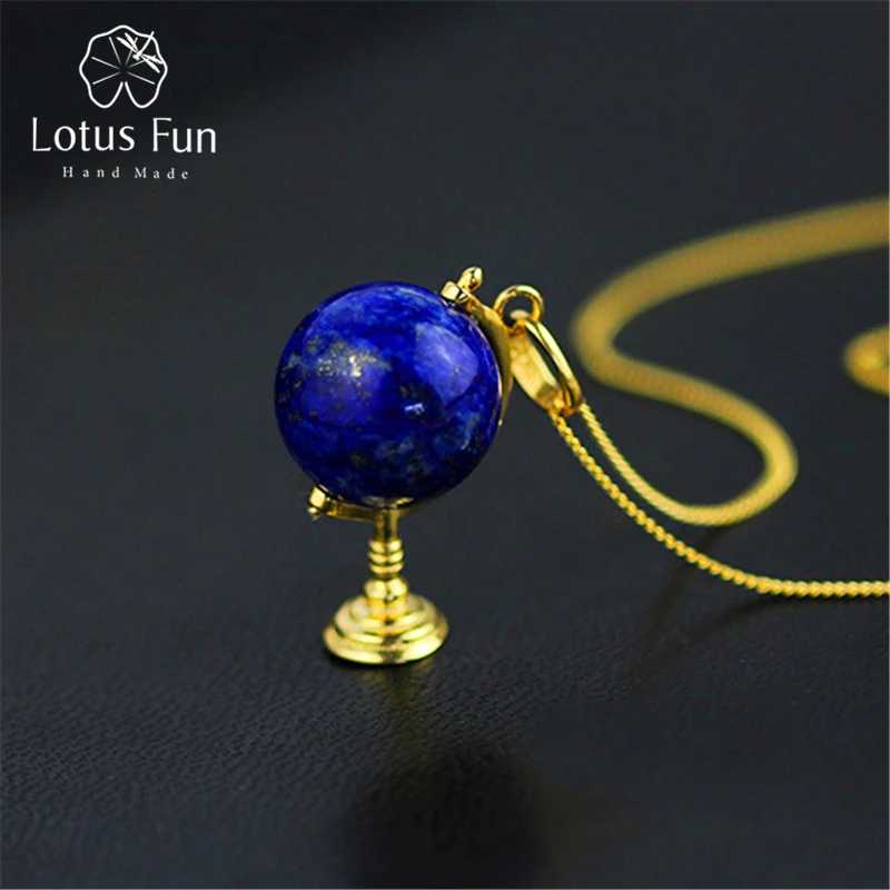 

Lotus Fun Real 925 Sterling Silver Natural Lapis Handmade Fine Jewelry Fashion Cute Globe Pendant without Necklace for Women