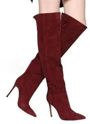 

2017 newest thigh high boots sexy pointed toe suede boots woman thin heels long boots over the knee boots wine red black red