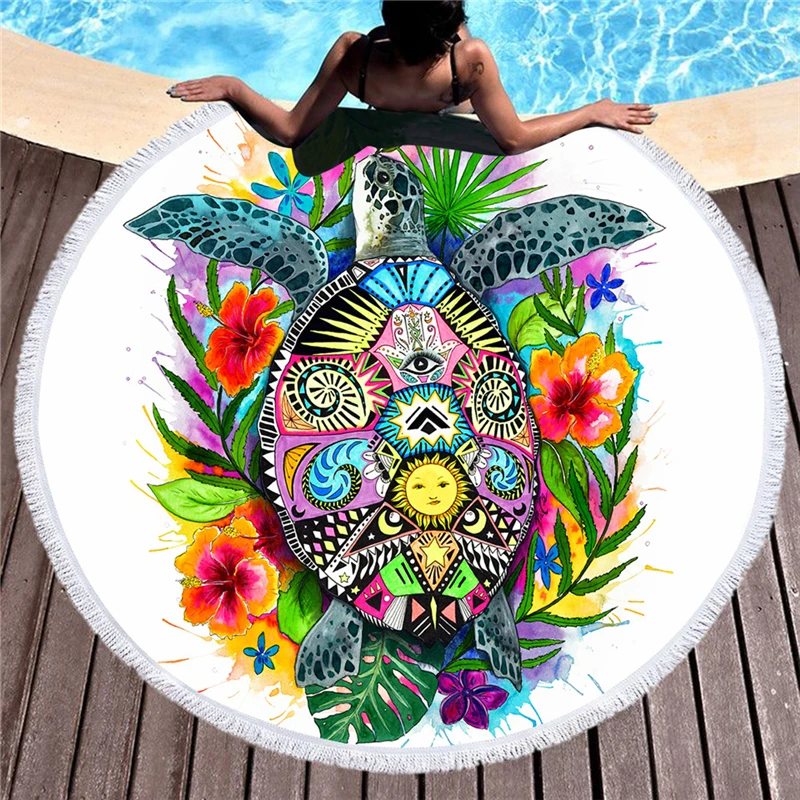 

Turtle Life 150cm Large Round Beach Towel India Tortoise Microfiber White Blankets with Tassel Summer Toalla Bohemian Picnic Mat