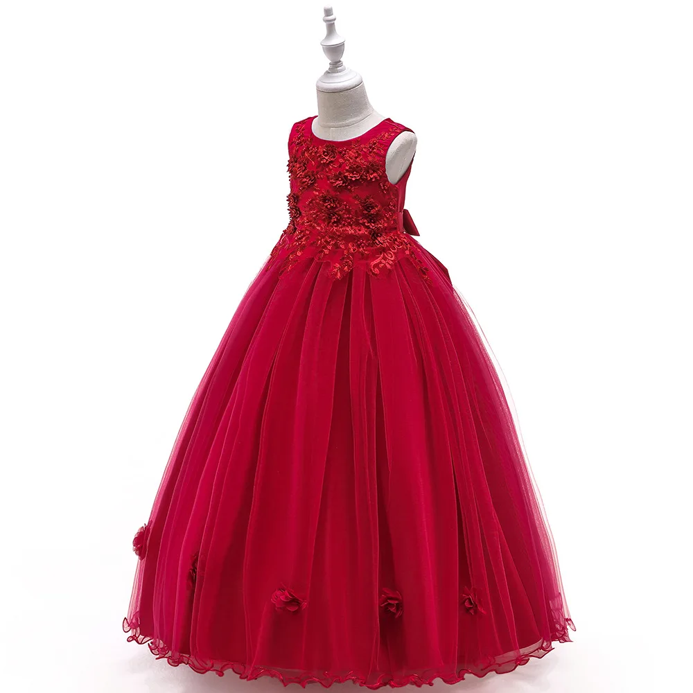 Высококачественное серое длинное бальное платье из тюля без рукавов с цветочным узором для девочек; платье принцессы на свадьбу; детская праздничная одежда для дня рождения; BW204
