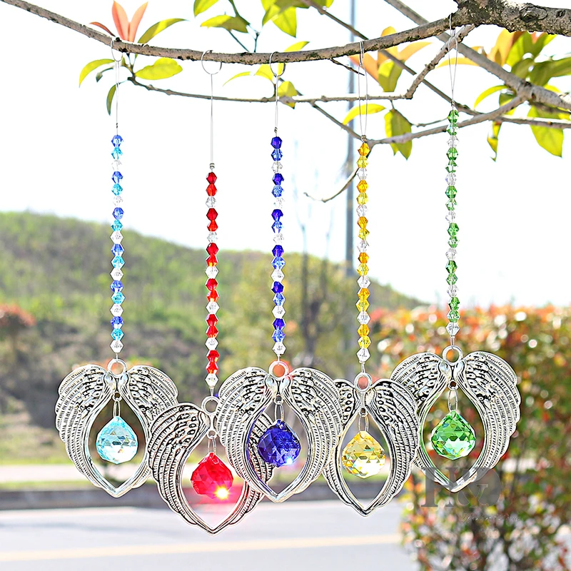 Set 5 Crystal Angel Wing Pendant with Crystal Ball Hanging Suncatcher Home Decor 