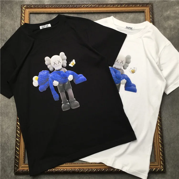 

New 2019 European and American Tide Brand Cartoon Animation Bear Blue Bear Printed T shirt Short Sleeve Te for Men and Women