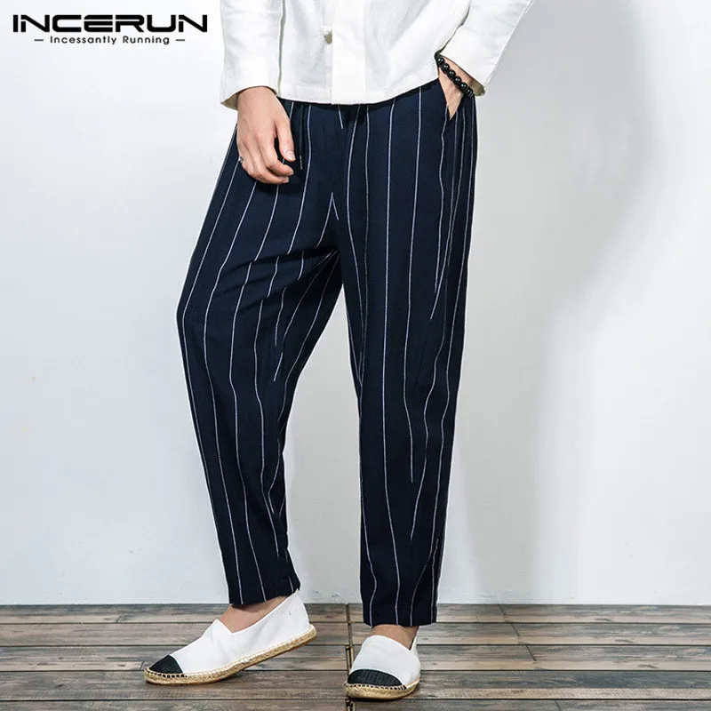 Осень хлопок INCERUN размера плюс 5XL повседневные мужские брюки мешковатые шаровары в полоску широкие брюки длинные брюки эластичный пояс мужские брюки