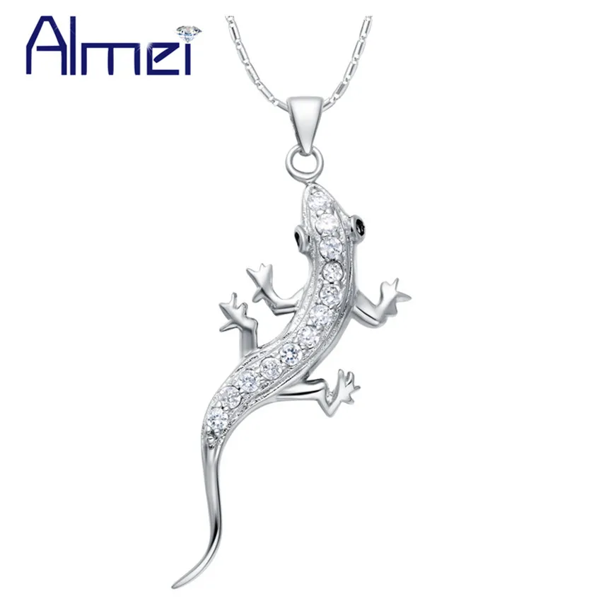 

Almei 5%Off Silver Color Lizard Necklaces & Pendants for Women Men Jewelry Bijoux with CZ Zircon Crystal Pendants Pendant N1012