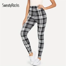 SweatyRocks фитнес Черно-Белые Клетчатые Леггинсы со средним обхватом талии леггинсы для тренировок осенние женские повседневные штаны и брюки
