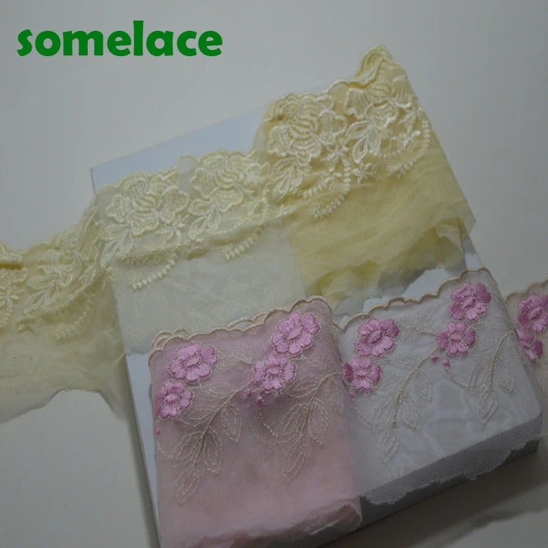 

2YDS/lot transparent gauze pink~yellow floral embroidery lace Hight quality lace fabrics embroidered lace18121009