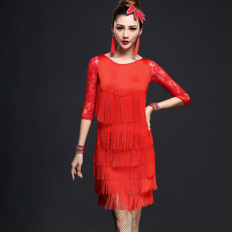 2016 выступление конкурс Женская Одежда для танцев кружевной костюм комплект из 4 предметов с браслет Бальные бахрома латинские платья