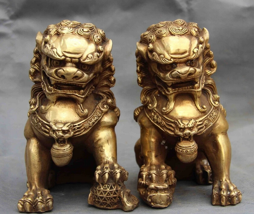 

6 Chinese Folk Copper Bronze Feng Shui Evil Guard Foo Dog Lion Kylin Kilin Pair