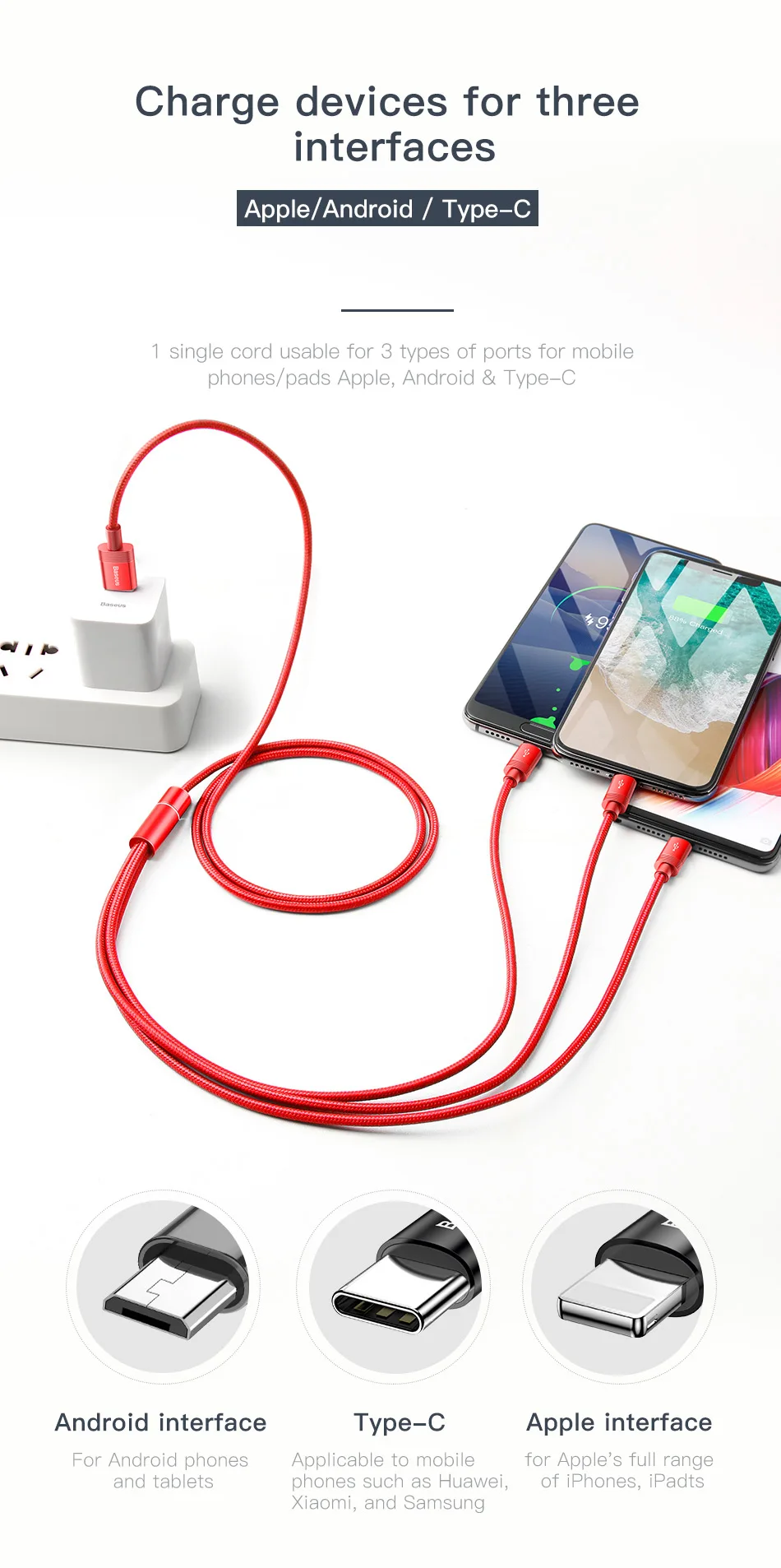 Usb-кабель Baseus 3 в 1 для iPhone, зарядный кабель для передачи данных, кабель USB type-C, кабель Micro usb для samsung Xiaomi, провод