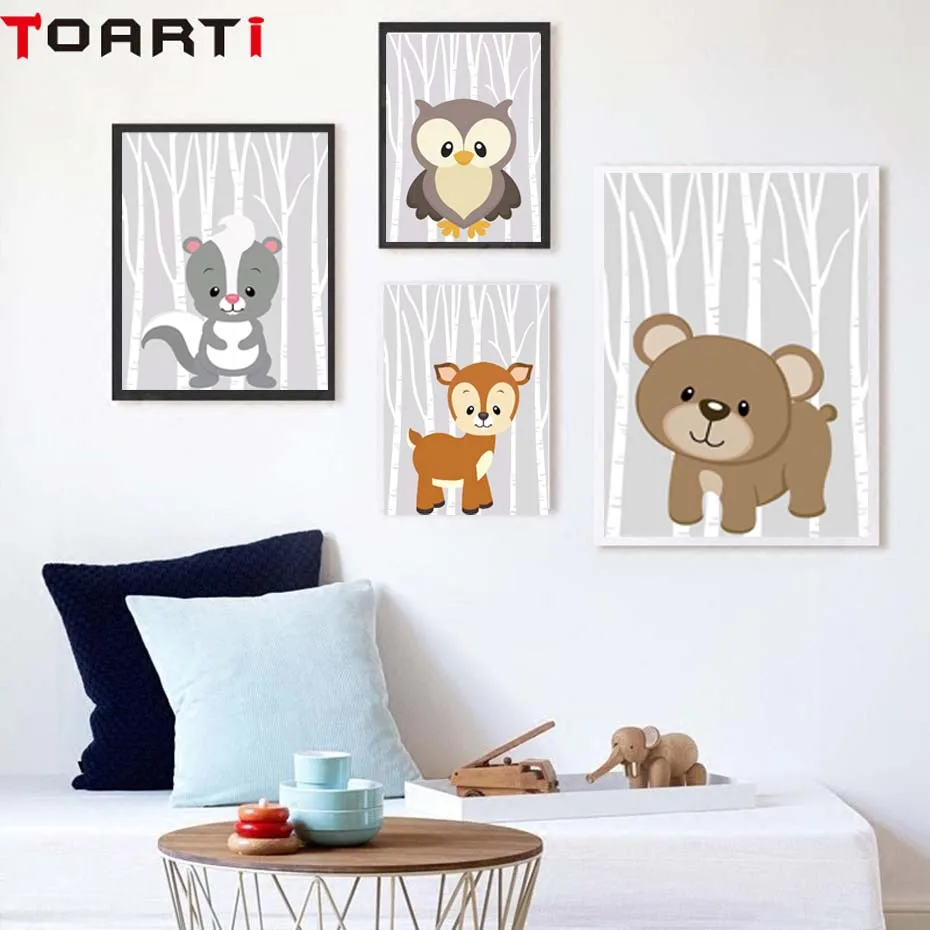 Woodland Fox Squirrel Art Poster Canvas Painting For Kids Bedroom Modern Wall Picture Home Decor Christmas Cartoon Animals Print (3)