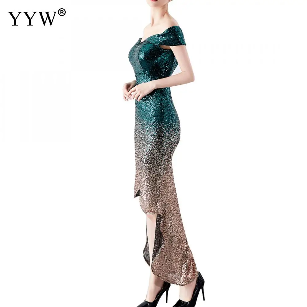 

Red & Black Gradient Sequins V Neck Off The Shoulder Evening Dress Women Short Sleeve Luxury Mermaid Dress Sexy Night Club Dress