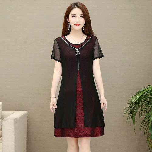 

Plus Size Middle-aged Women Dress 2019 Summer Fashion Faux Two Pieces Dress Short Sleeve Elegant Office OL Midi Dress BV36