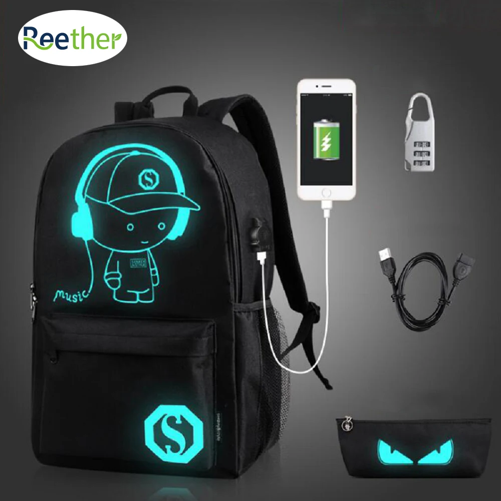 Reether luminoso carga USB estudiante mochilas ordenador resplandor en oscuro del ordenador portátil morral del recorrido Mochila femenina Reether luminoso carga USB estudiante mochilas ordenador resplandor en oscuro del ordenador portátil morral del recorrido Mochila femenina