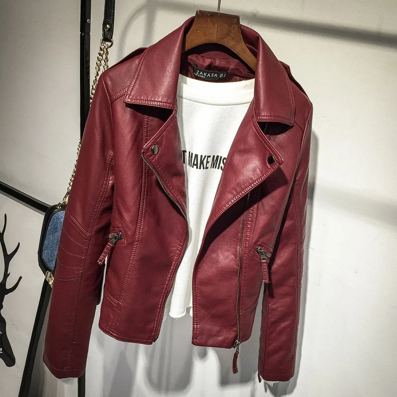 Ideal  Fashion Women Pu Leather Jacket Coat 2019 Autumn Black Slim Short Motorcycle Jackets Ladies Zipper 