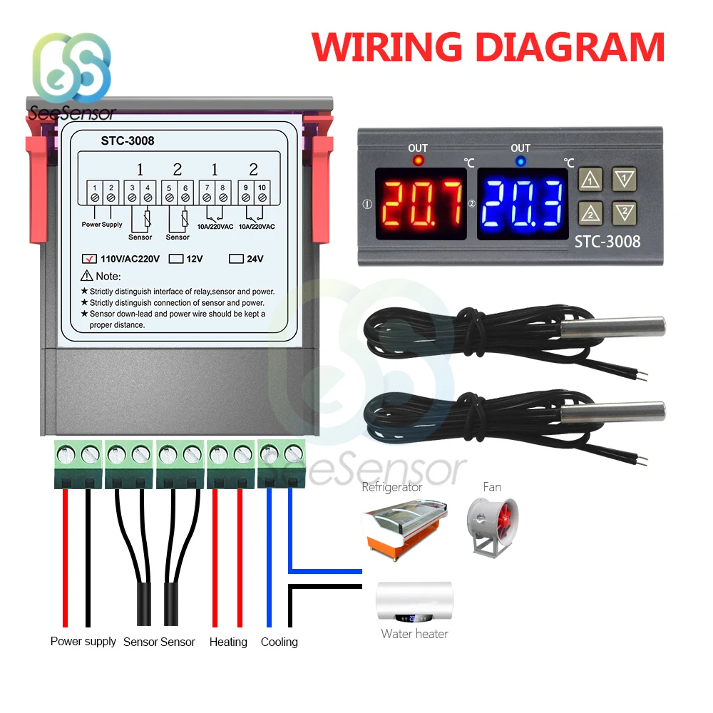 12 В 24 В 220 В двойной цифровой регулятор температуры два релейных выхода Термостат терморегулятор 10 А нагревательный охлаждающий STC-3008
