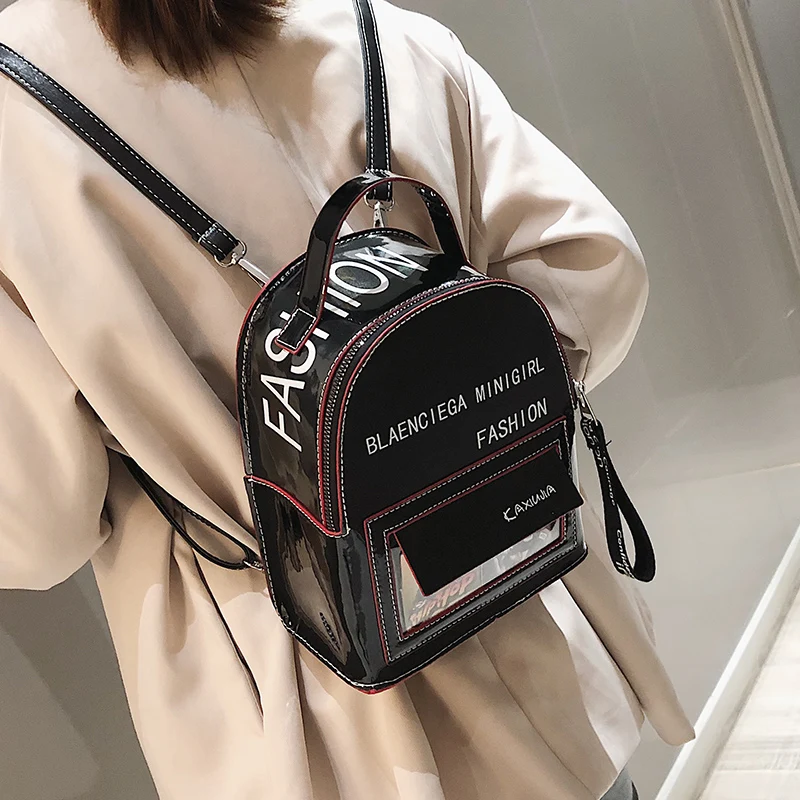 

High quality designer brand large capacity backpack girl bookbag Patent Leather letter mirror bag zipper hip hop travel shopping