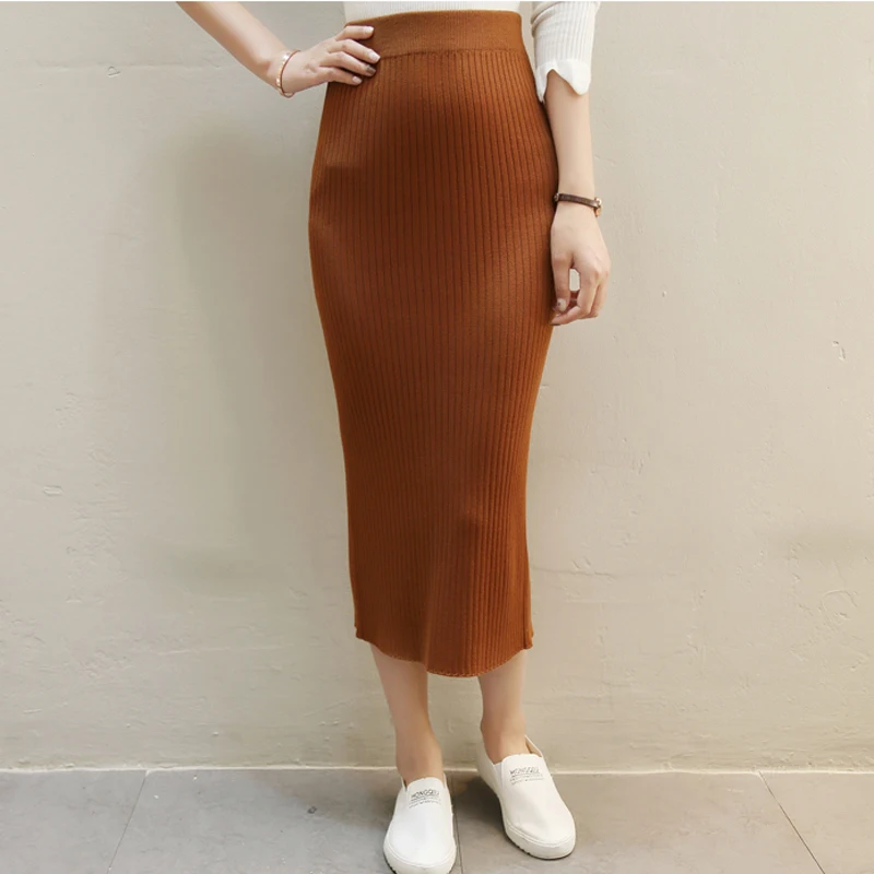 

BGTEEVER Autumn Elastic High Waist Women Knitted Skirts Female Hip Package Slim Skirts Soild Casual Bottoms femme 2018 Winter
